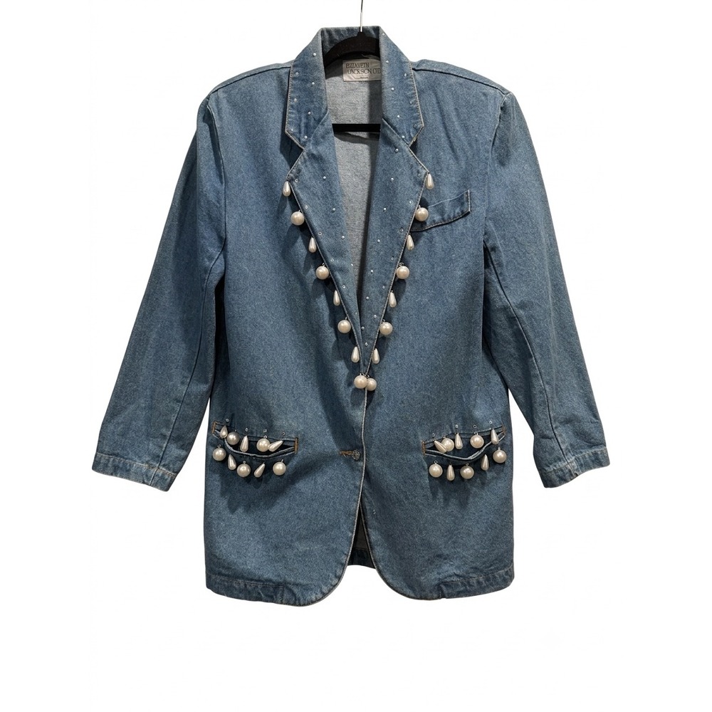 Elizabeth Jackson Ltd Vintage Denim Blazer Faux Pearl Rhinestone Embellished M